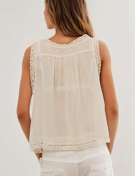 Women Boho Lace Tank Top Boho Summer Vacation Top Sleeveless Button Down Front Tie Lace Y2k Tops ... | Amazon (US)