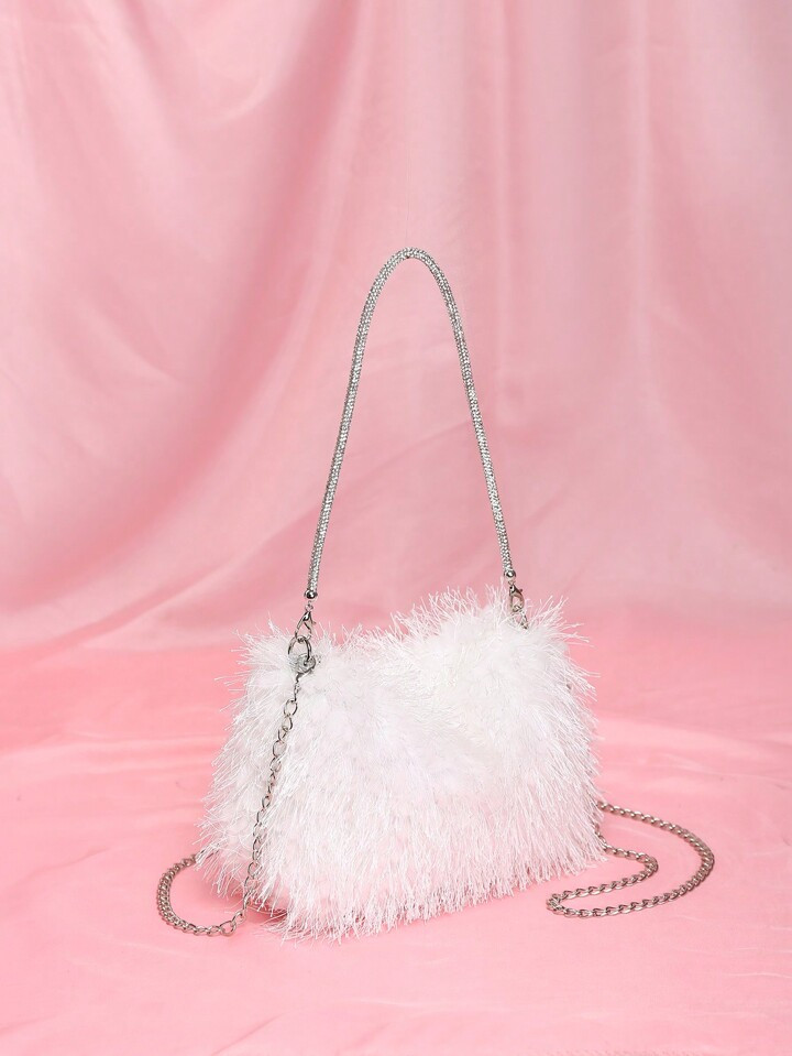 1pc Rhinestone Decor Wristlet Furry Zipper Clutch Shoulder & Crossbody Bag For Women, Perfect For... | SHEIN