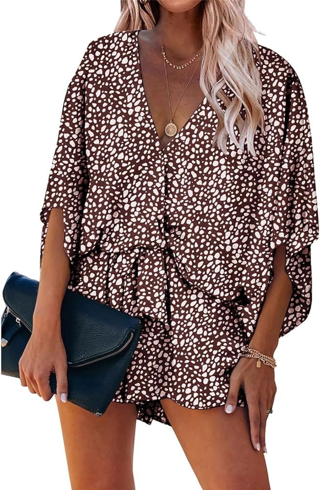 PRETTYGARDEN Women’s Floral Print Shorts Jumpsuit Wrap V Neck 3/4 Sleeve Casual Loose Oversized... | Amazon (US)