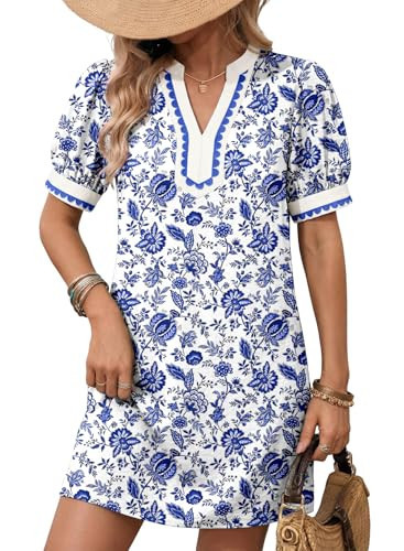 Dokotoo Spring Dresses for Women 2026 Boho Floral Puff Short Sleeve V Neck Summer Casual Ladies Elegant A Line Babydoll Mini Tunic Dress Bohemian Party Beach Vacation Outfits Sundresses Blue Medium | Amazon (US)
