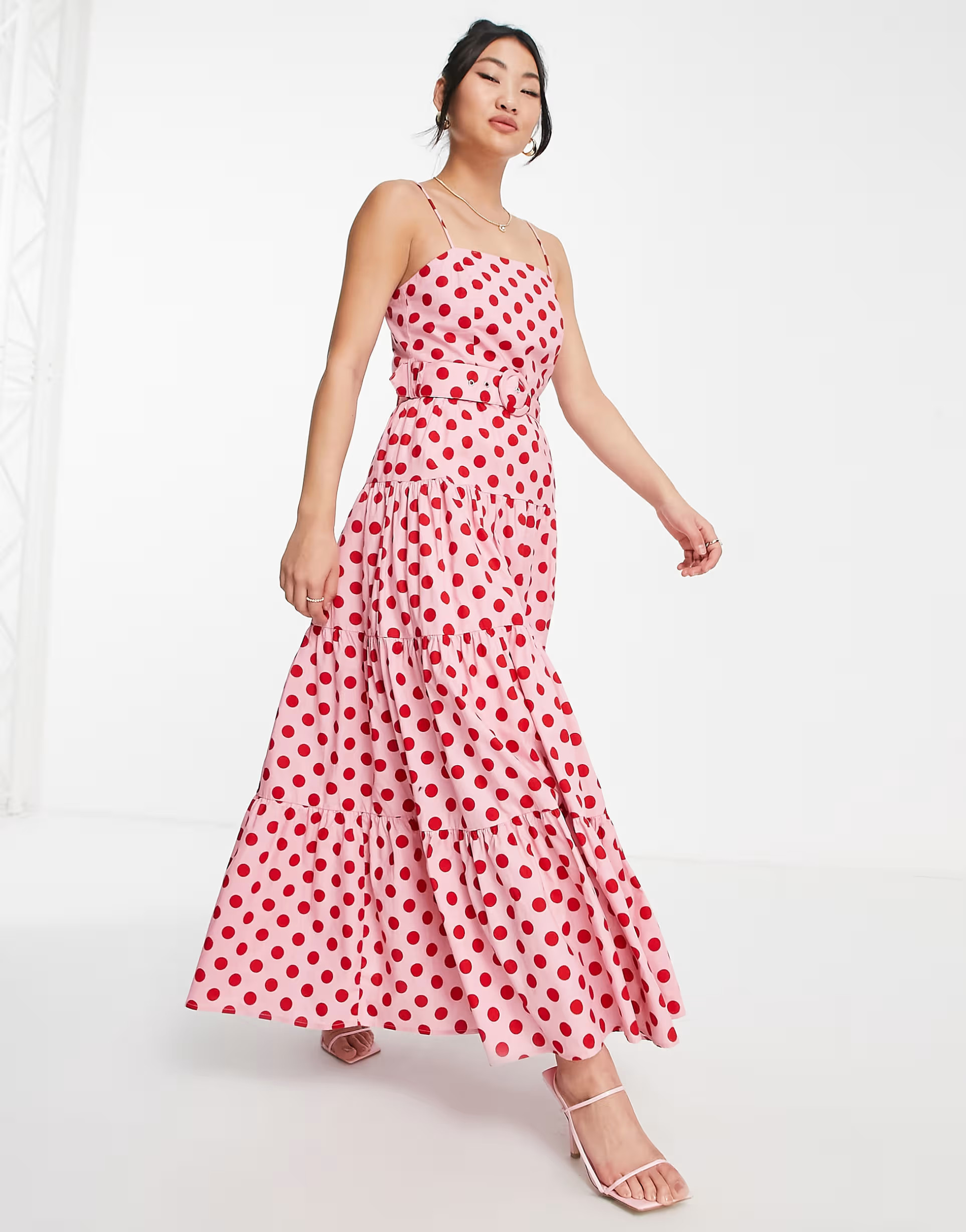 Style Cheat belted tiered midaxi dress in pink and red spot | ASOS (Global)
