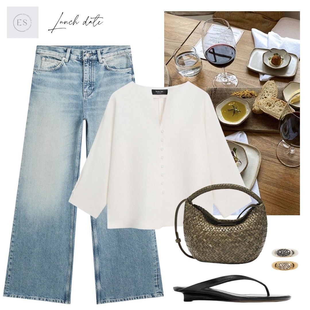 Smart casual Spring jeans outfit. 

Light blue wide leg jeans, khaki leather braided mini bag, black leather mid heel sandals with toe divider, mixed metal rhinestone ring set, off white linen jacket with button detail. 

#LTKuk #LTKjeans #LTKspring