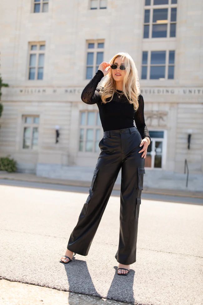 Follow My Lead Black Faux Leather Cargo Pants | Pink Lily