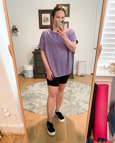 Spring outfit / athleisure / workout clothes / loungewear / purple oversized top / short sleeve tee / black biker shorts / black canvas sneakers (tts, perfect for summer vacation!)

#LTKfindsunder100 #LTKSeasonal #LTKfindsunder50