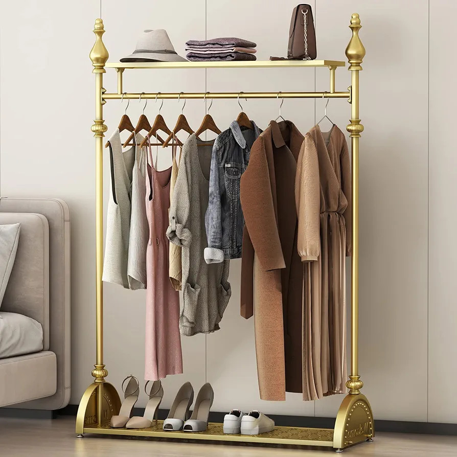 Clothing Rack Gold, Industrial Clothes Rack for hanging Clothes with Double Shelves Freestanding ... | Amazon (US)