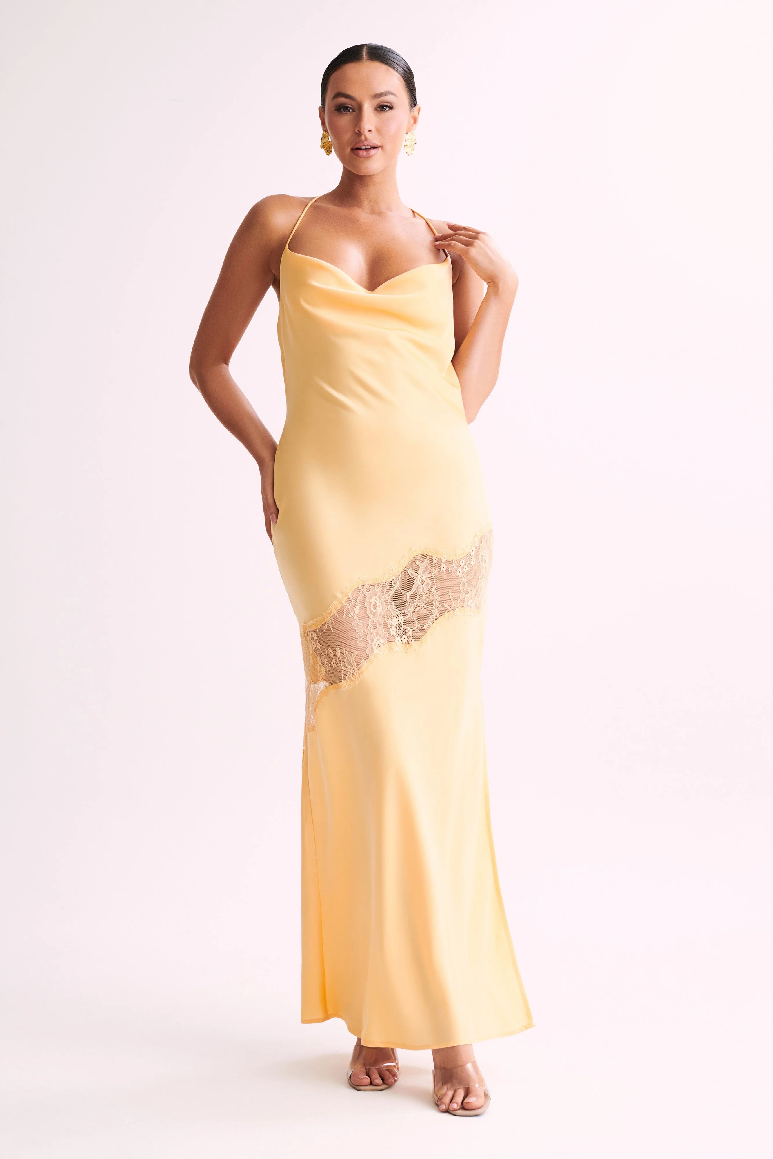 Chandra Lace Detail Satin Maxi Dress - Lemon | MESHKI US