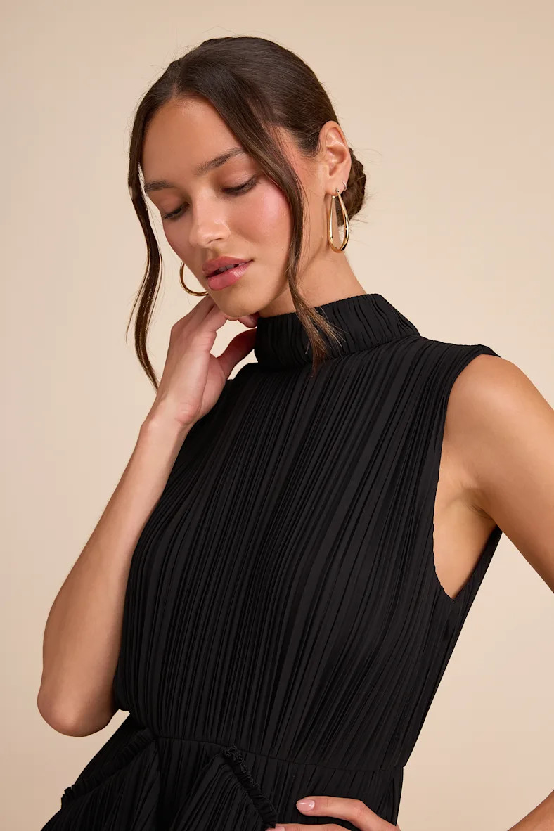 Alvana Black Plisse Mock Neck Ruffled Mini Dress | Lulus