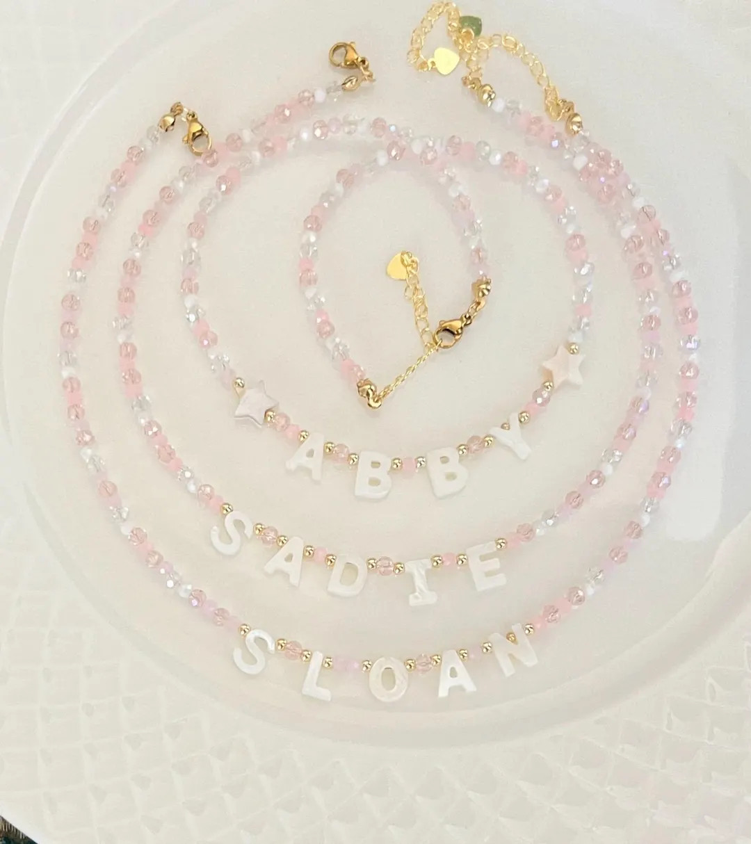 Personalized Beaded Name Necklace: Mother of Pearl Charm - Etsy | Etsy (US)