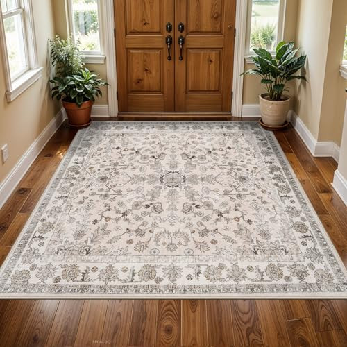 5x5 Square Washable Rug for Living Room: Non Slip Indoor Entryway Foot Carpet for Kitchen, Boho Soft Beige 5ftx5ft Low Pile Neutral Area Rug for Dining Room Bathroom (Beige, 5x5) | Amazon (US)