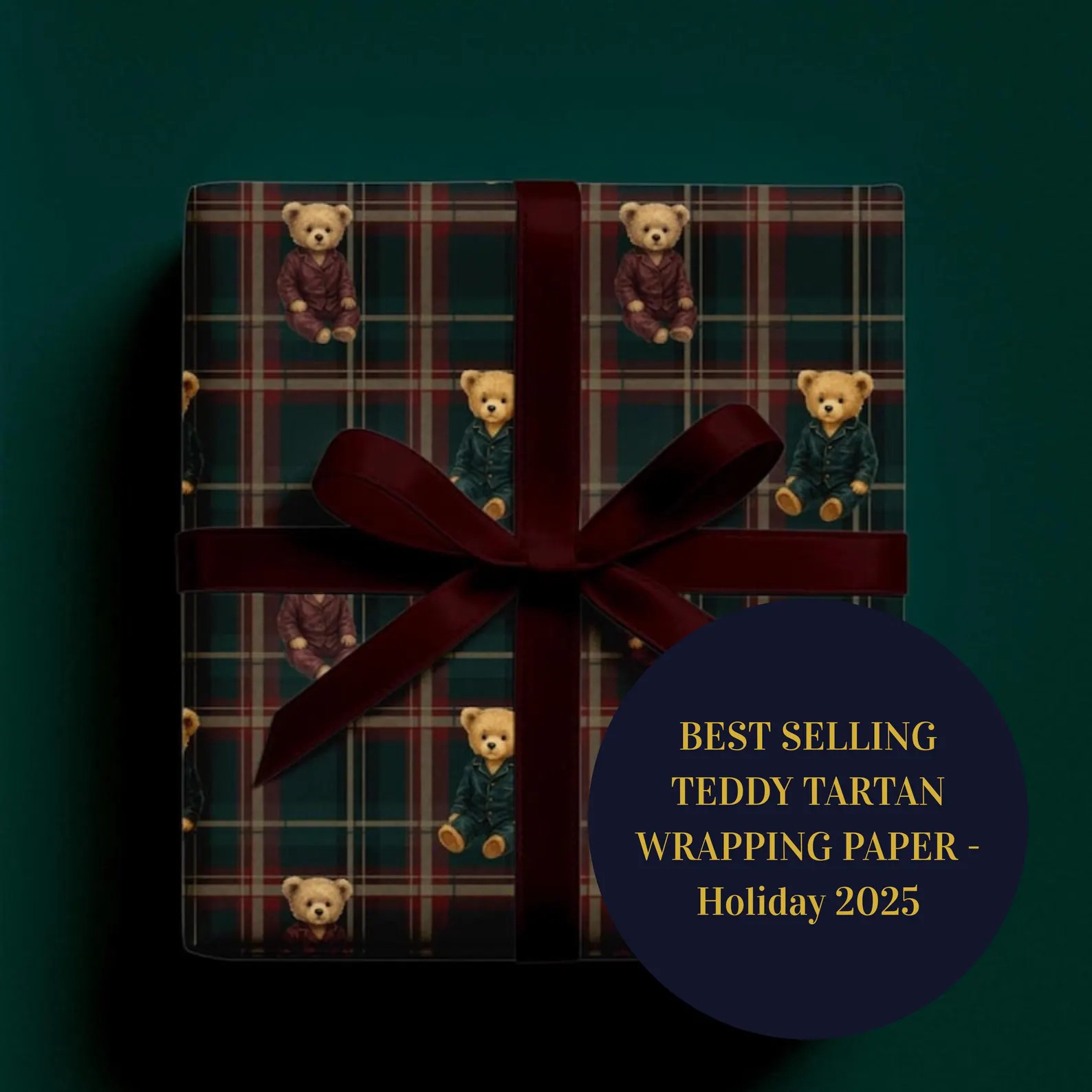 Tartan Teddy Bear Christmas Wrapping Paper Roll, Dark Heritage Holiday Gift Wrap, Classic Plaid C... | Etsy (US)