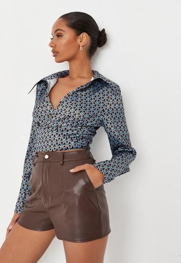 Missguided - Chocolate Faux Leather Button Front Shorts | Missguided (UK & IE)