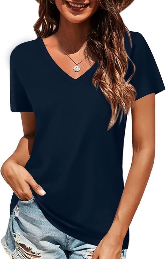 Elesomo Women Shirts V Neck Short/Long Sleeve Cotton Tops T-Shirt Basic Tees | Amazon (US)