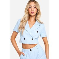 Womens Textured Contrast Button Crop Blazer - Blue - 12 | boohoo (US & Canada)