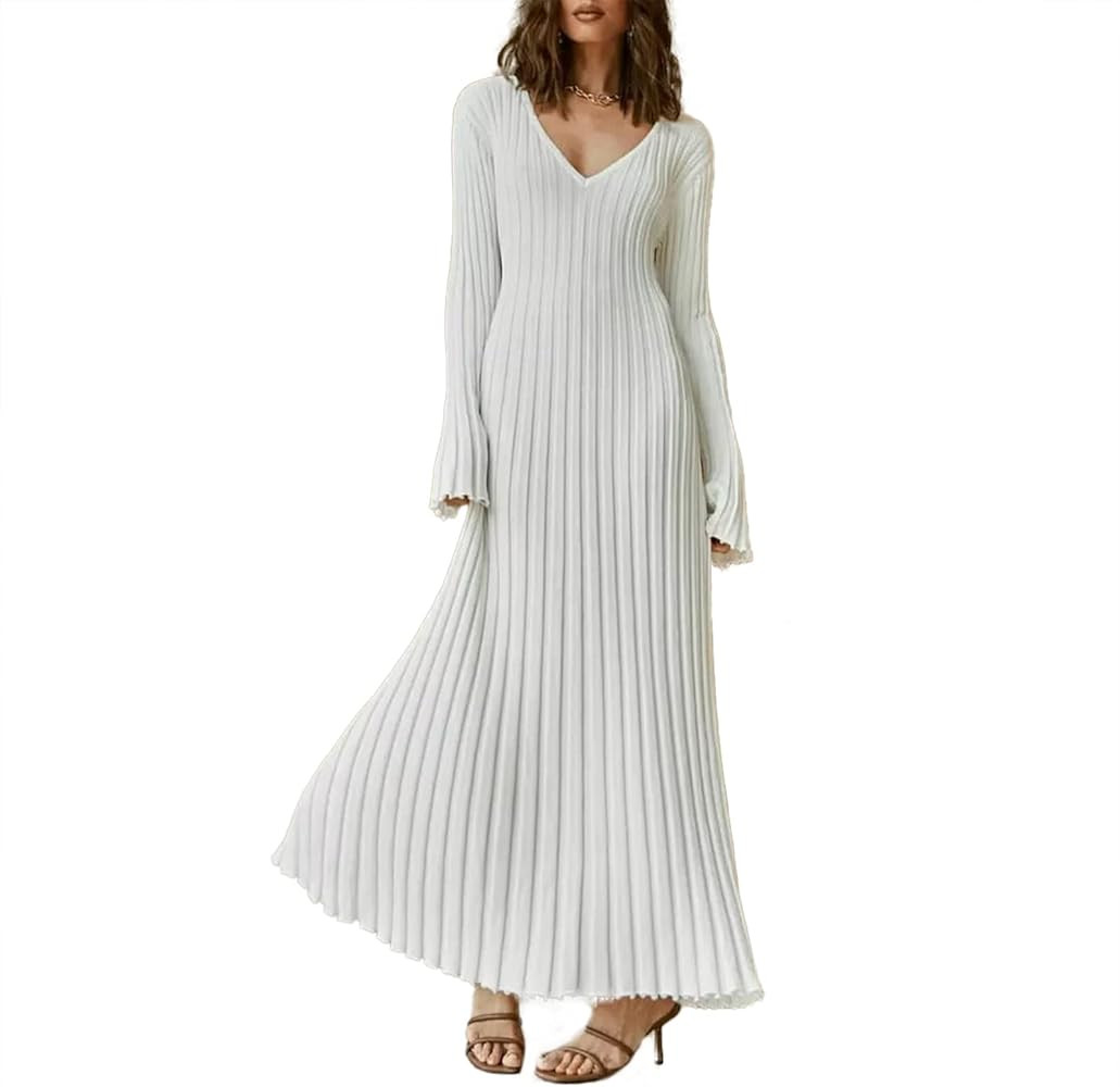 NUFIWI Women Ribbed Knit Midi Dress Long Sleeve V Neck Bodycon Pleated Dress Tie Back Waist Party... | Amazon (CA)