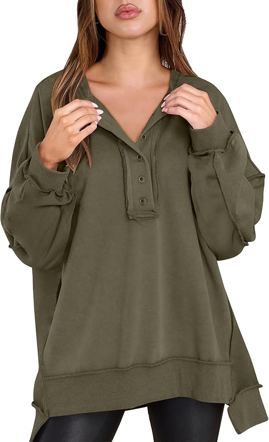 Caracilia Women's Oversized Sweatshirts Long Sleeve Henley Button Down Pullover Hoodies Tunic Top... | Amazon (US)