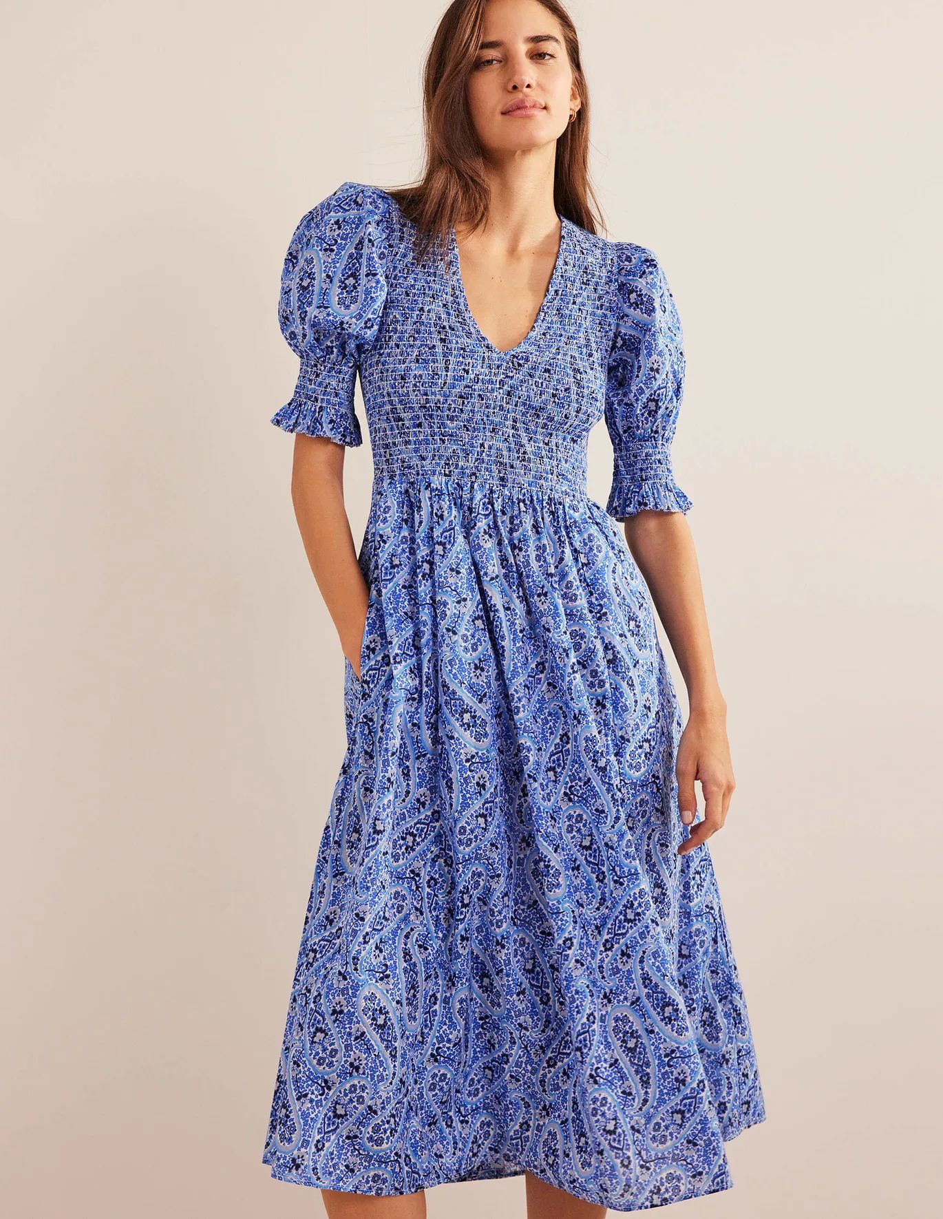 Smocked Bodice Midi Dress - Nebulas Blue, Paisley Blooms | Boden UK | Boden (UK & IE)