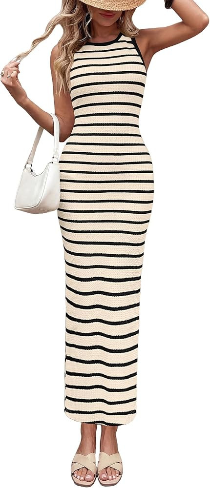 PRETTYGARDEN Sundresses for Women 2026 Summer Striped Knit Side Slit Spring Fashion Bodycon Maxi ... | Amazon (US)