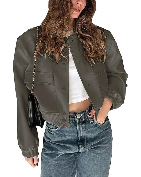 Womens Cropped Bomber Jacket Button Down Varsity Jackets Shackets With Pockets | Amazon (US)