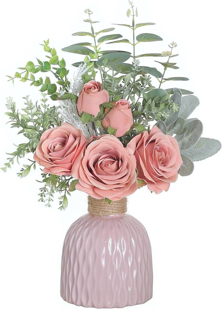 Artificial Flowers with Ceramic Vase,Faux Silk Roses and Fake Plant Eucalyptus in Vase for center... | Amazon (US)