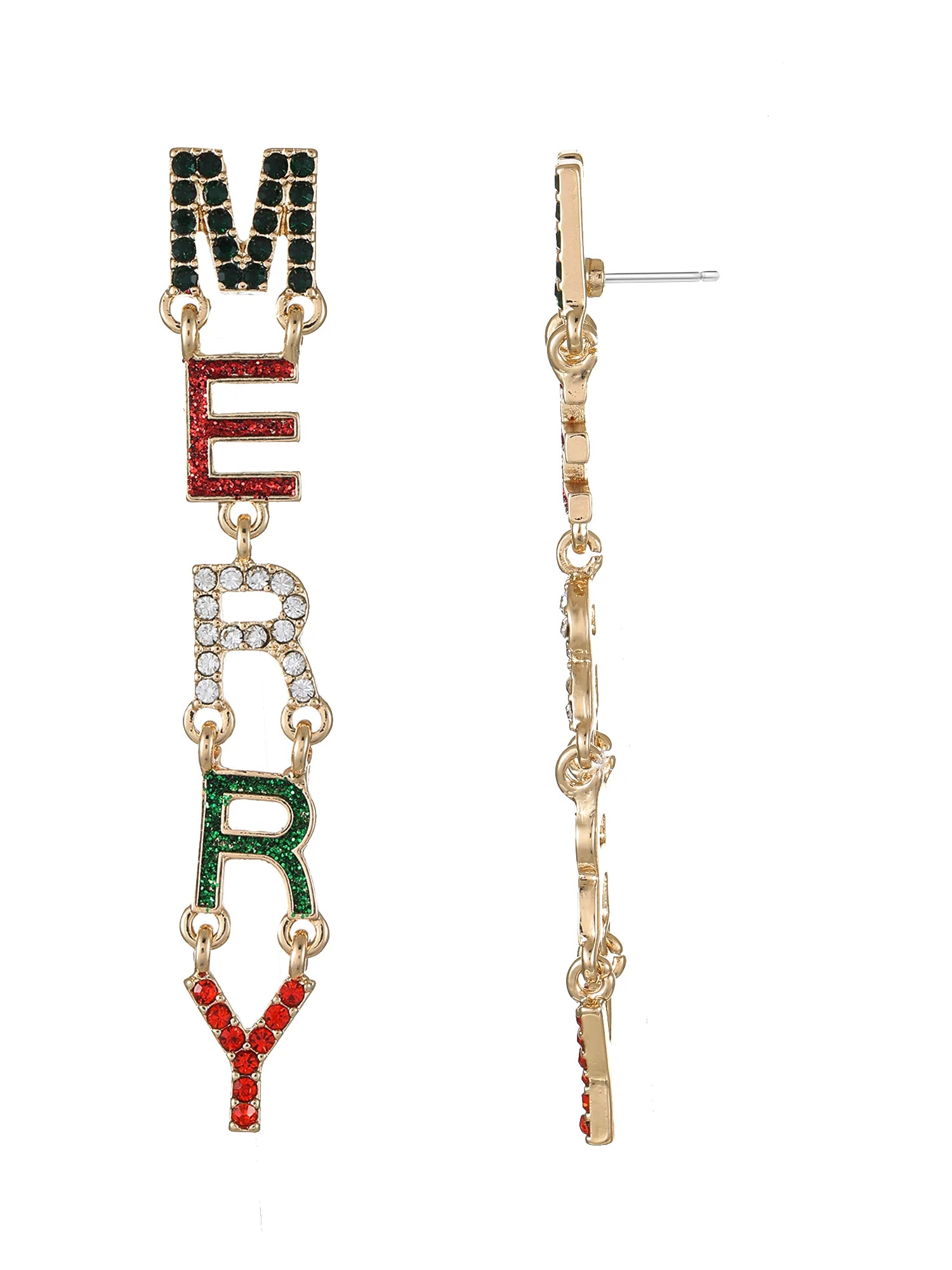 Holiday Time Goldtone "MERRY" Earrings with Multi-colored Rhinestones, 1 Pair | Walmart (US)