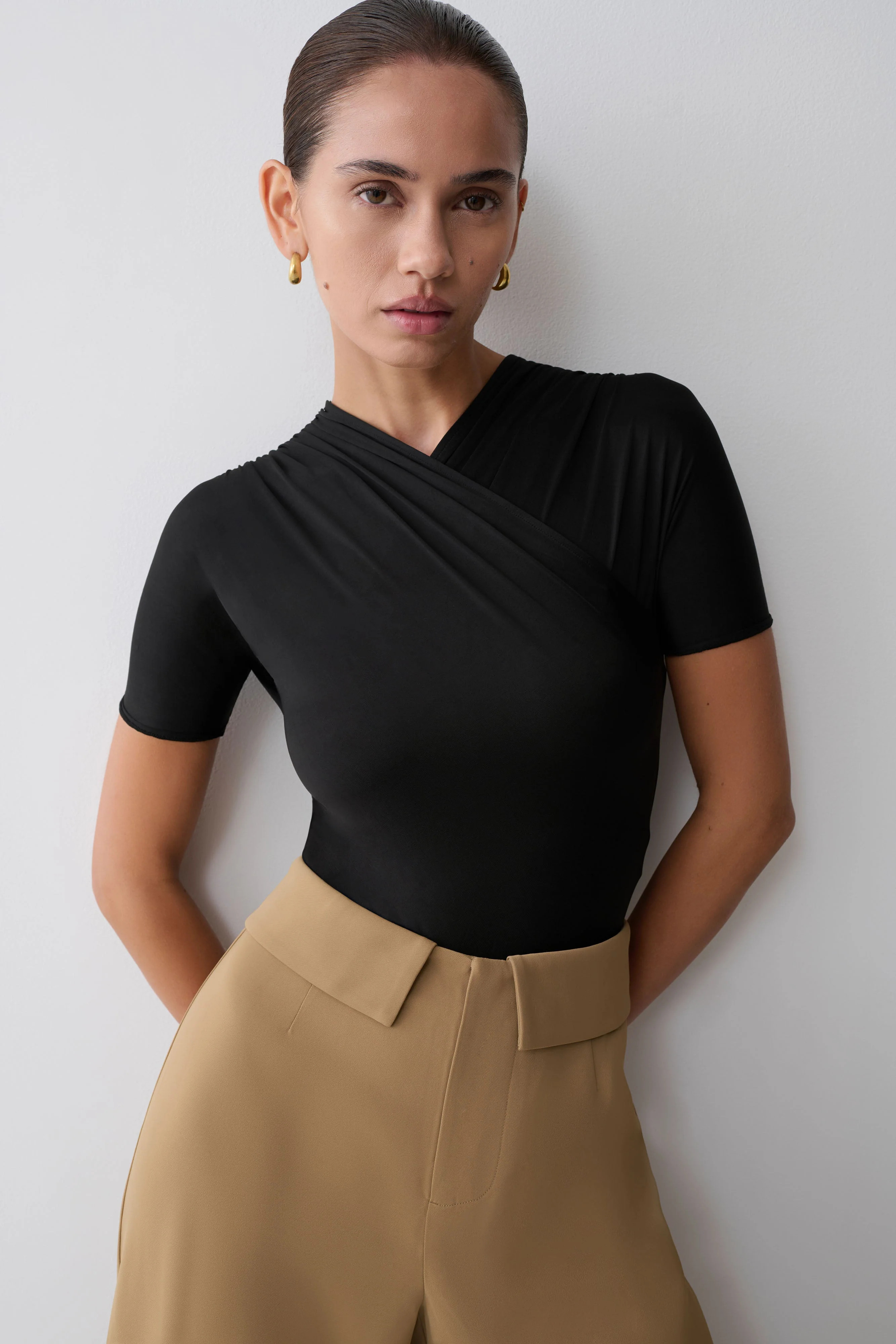 Junie Shortsleeve Cross-Over Bodysuit - Black | Meshki UK