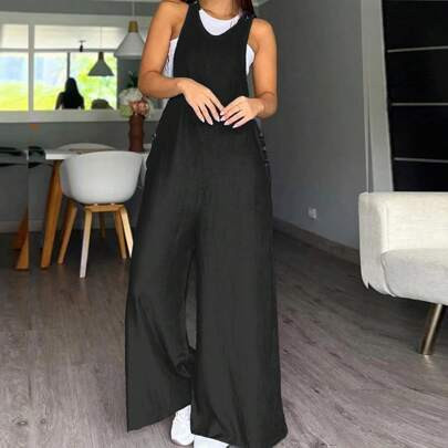 Women's Solid Color Side Button Design Wide Leg Jumpsuit, Casual Sleeveless | SHEIN