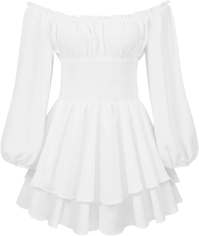 Rüschen-Minikleid mit Shorts, schulterfrei, lange Puffärmel, Plissee-Taille, Prinzessinnenkleid... | Amazon (DE)