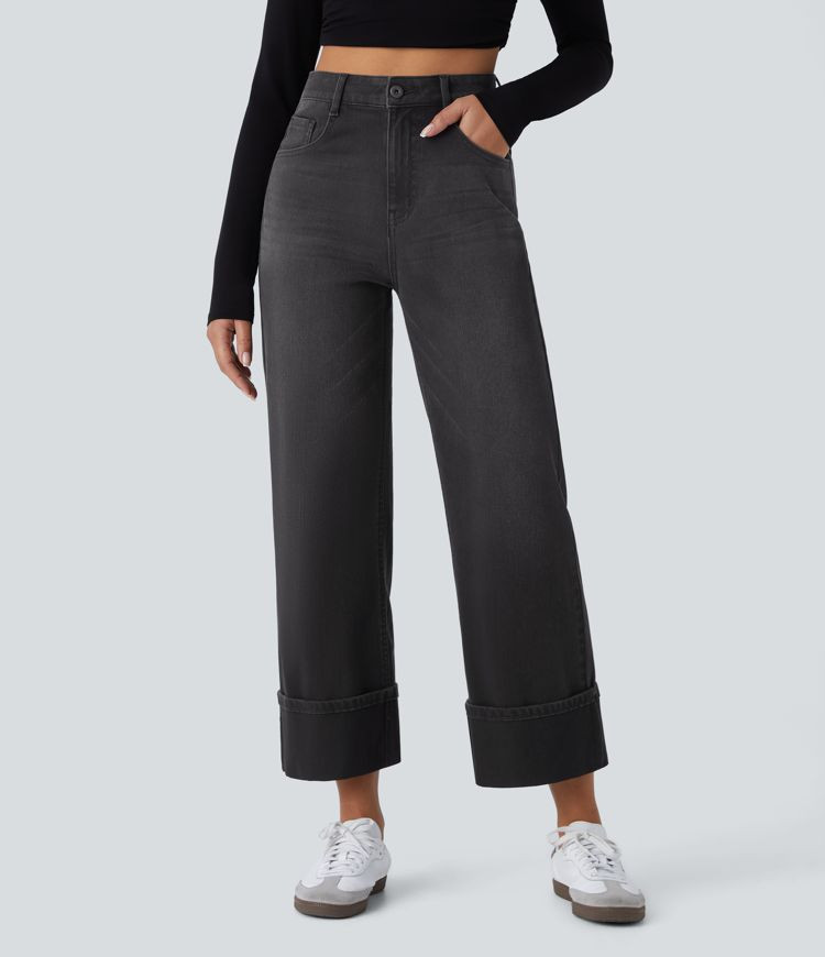 Women’s Halara Flex™ High Waisted Pockets Rolled Hem Wide Leg Washed Casual Jeans - Halara | HALARA