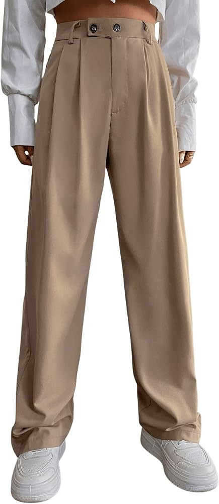 SweatyRocks Women's Casual Button Front Pleated Pants Solid Wide Leg Loose Pocket Pants | Amazon (US)