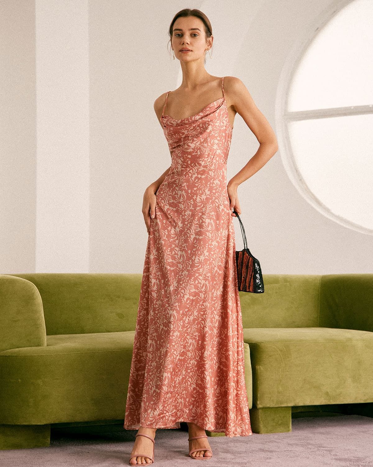 The Light Orange Cowl Neck Floral Maxi Dress & Reviews - Light Orange - Dresses | RIHOAS | rihoas.com