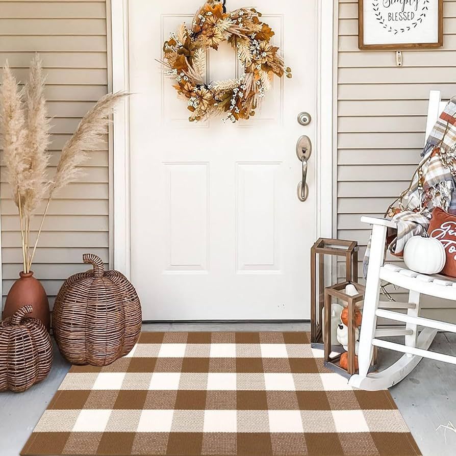 Buffalo Plaid Outdoor Rugs, 27.5''x43'' Brown and White Checkered Indoor/Outdoor Area Rug, Layeri... | Amazon (US)