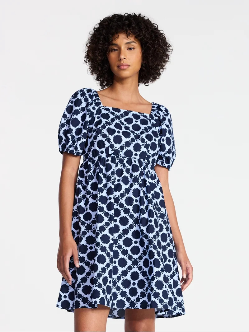 Time and Tru Women's and Women's Plus Tie Back Mini Dress with Puff Sleeves, Sizes XS-4X | Walmart (US)