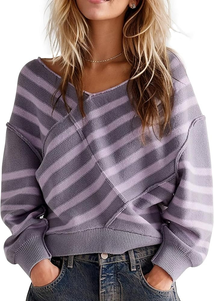 Womens Striped Oversized Sweaters Fall Winter Essentials Fashion Outfits Long Sleeve Off Shoulder... | Amazon (US)