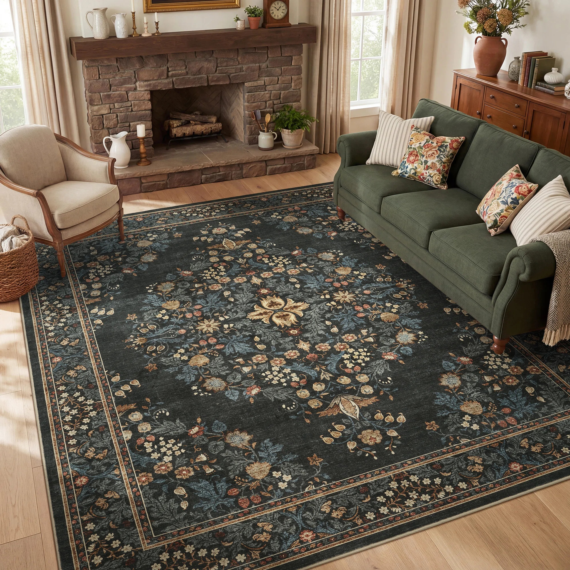 Soft Washable Vintage Floral Area Rug With Non-Slip Backing In Dark Green | Wayfair North America