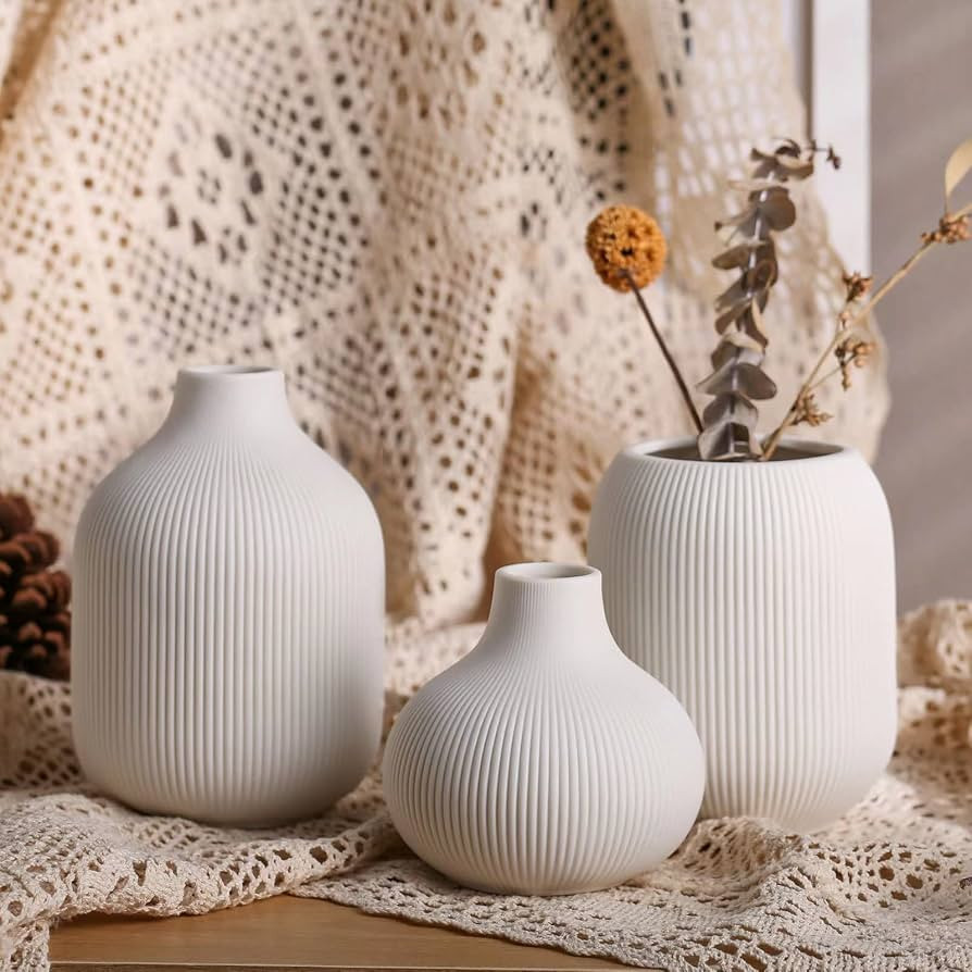 Modern Minimalist White Ceramic Decor Vase Set of 3, Neutral Small Ribbed Vases for Table, Shelf,... | Amazon (US)