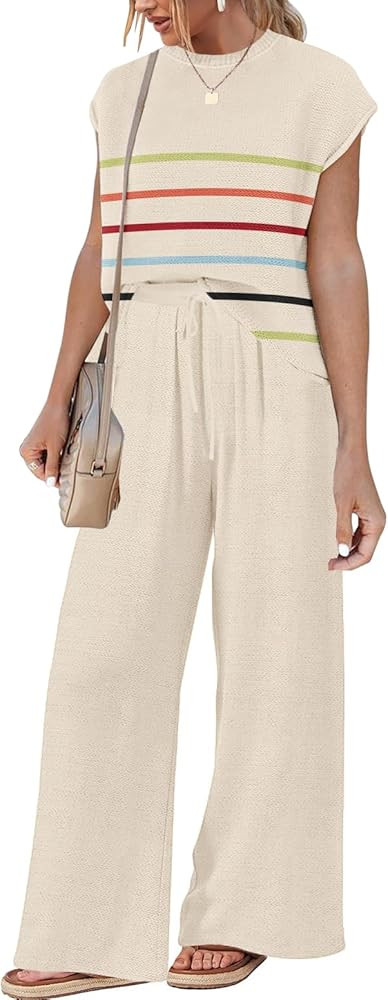 KIPFALL 2 Piece Outfits for Women Casual Dressy Knit Lounge Sets Cap Sleeve Tops and Elastic Wais... | Amazon (US)