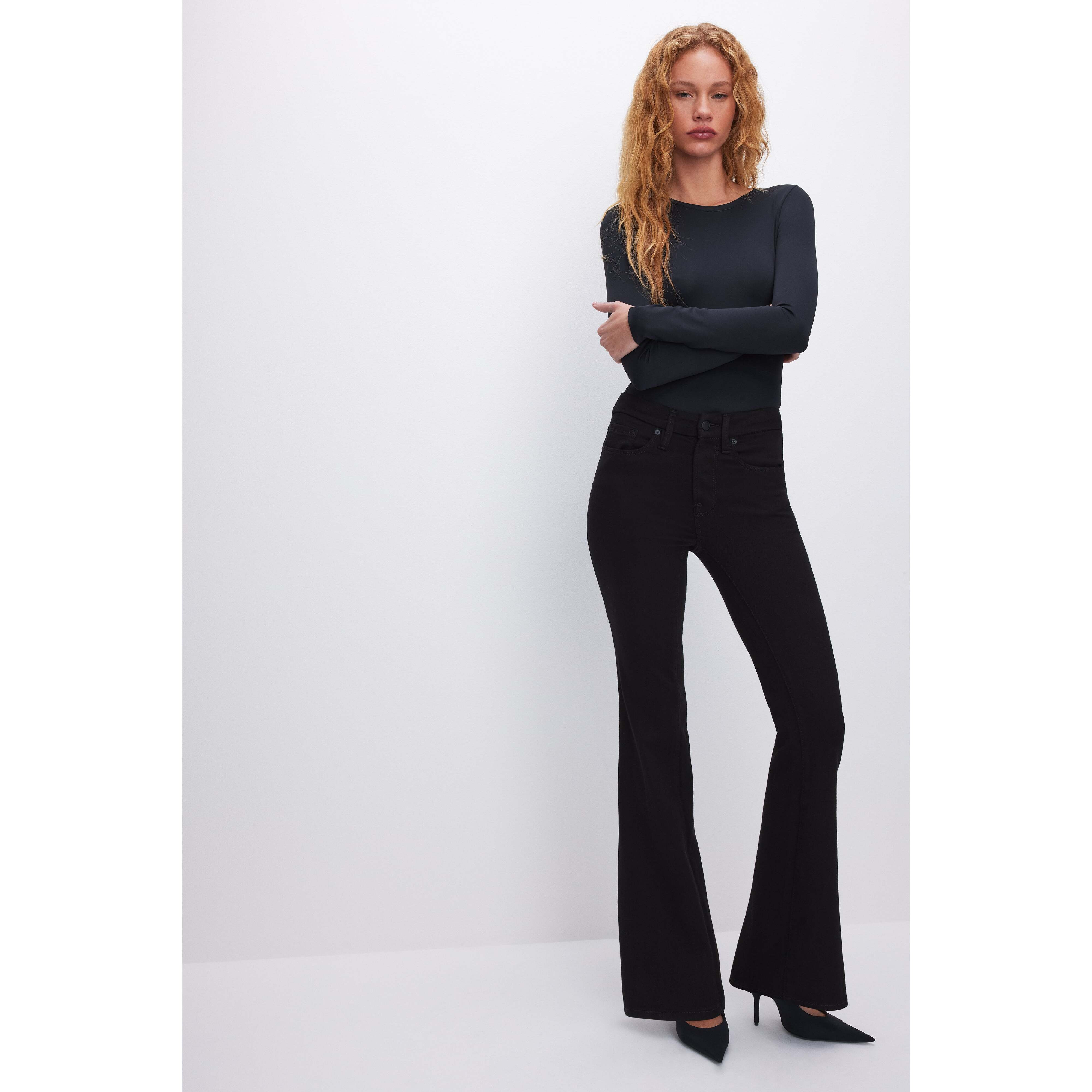Women's Good Legs Flare Never Fade Jeans | Extra Stretch, Flat Tummy Tech, Gap-Proof Waistband | Black, Size 00 | Good American | Good American