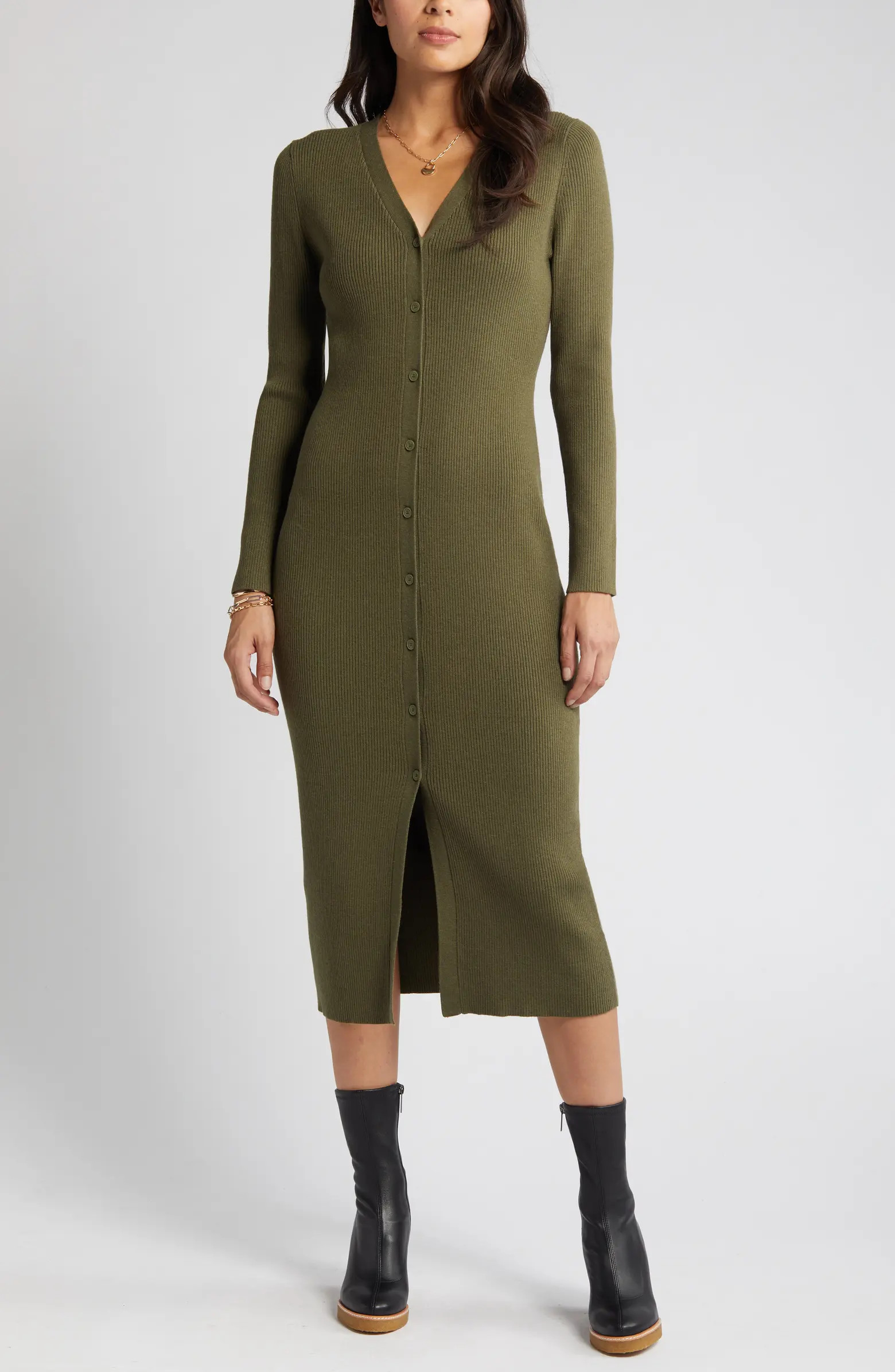 Long Sleeve Button-Up Rib Sweater Dress | Nordstrom