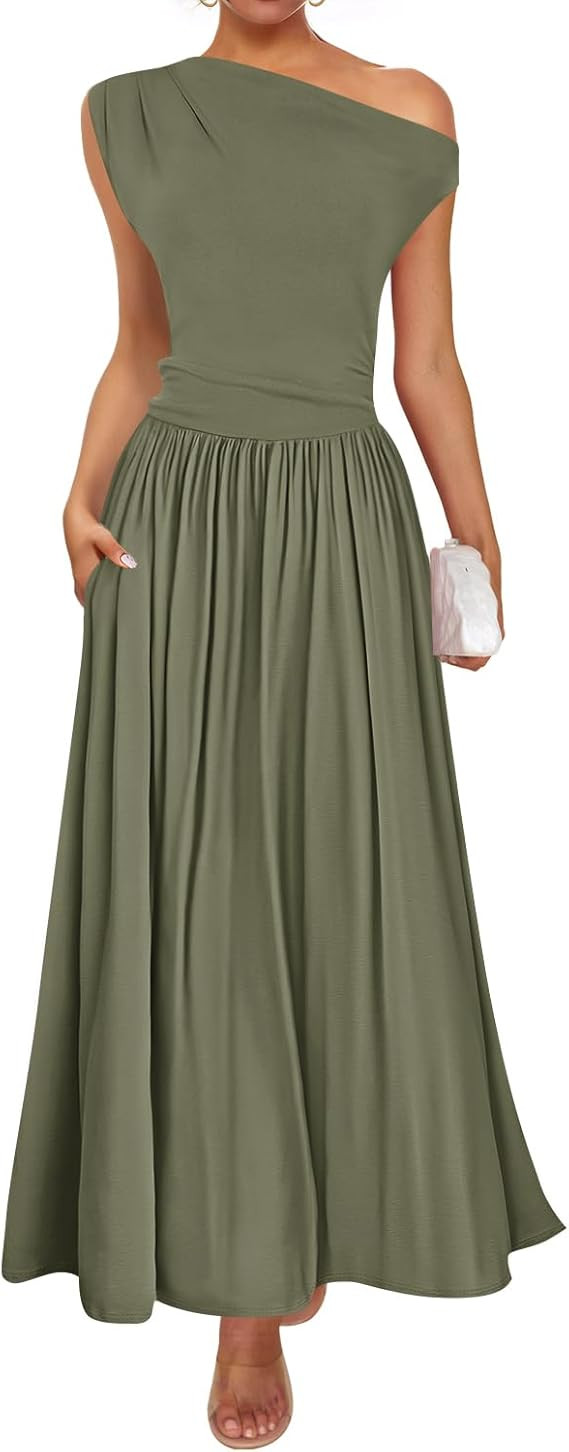 ZESICA Women's Summer 2026 Sleeveless Maxi Dress One Shoulder Casual Slim Swing Pleated Formal Dr... | Amazon (US)