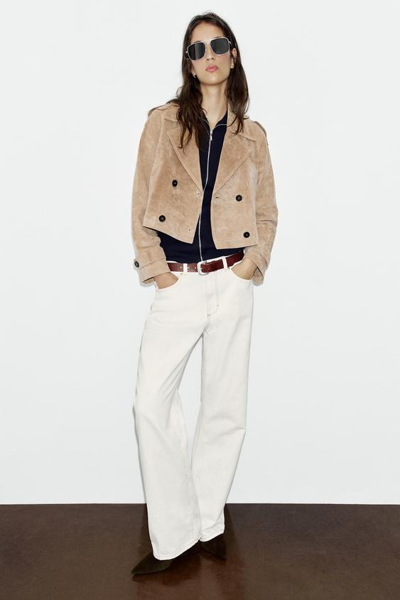 Zara - Cropped Double Breasted 100% Leather Trench - Dark Khaki - Xs - Woman | Zara US