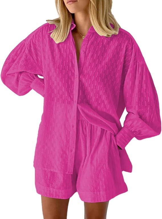 Fixmatti 2 Piece Outfits Long Sleeve Button Down Shirt and Shorts Sweatsuit Lounge Sets | Amazon (US)