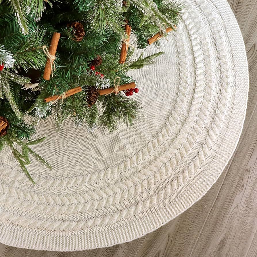 Christmas Tree Skirt 48 Inches: Annual Rings Chunky Cable Knit Cream White Tree Skirt, Thick Rust... | Amazon (US)