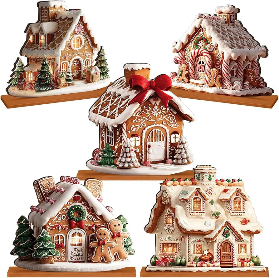Chunful 5 Pcs Gingerbread Christmas Table Decorations Wooden Gingerbread House Decor Christmas Ce... | Amazon (US)
