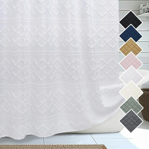 Lecloud White Fabric Shower Curtain 72x72 Inches, Boho Tufted Plaid Striped Shower Curtain Set fo... | Amazon (US)