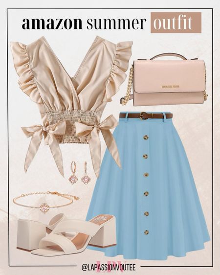Step into summer elegance with a ruffled crop tank top, an A-line midi skirt, chic earrings, a stylish bracelet, a crossbody bag, and block heeled sandals. Perfect for any occasion! 

#LTKStyleTip #LTKSeasonal #LTKFindsUnder100