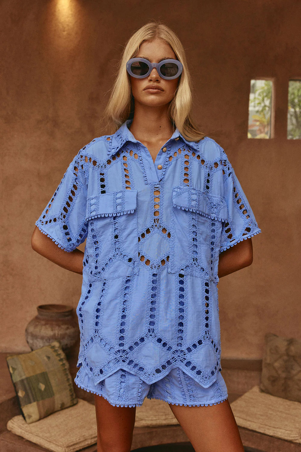 Blue Cotton Cutwork Button Up Alyce Shirt | Sabo Skirt US