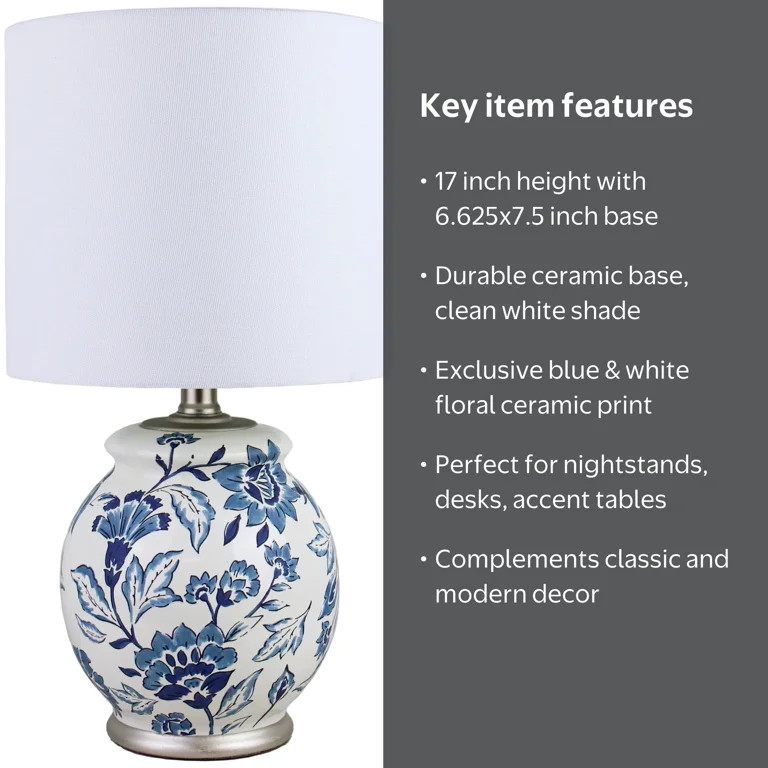 Better Homes & Gardens Floral Ceramic Lamp with Shade, 17" | Walmart (US)