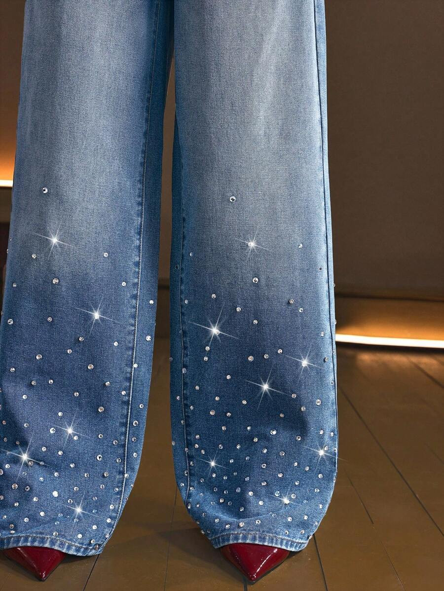 Selenza Women's Distressed Diamond Rivet Decor Wide-Leg Jeans | SHEIN