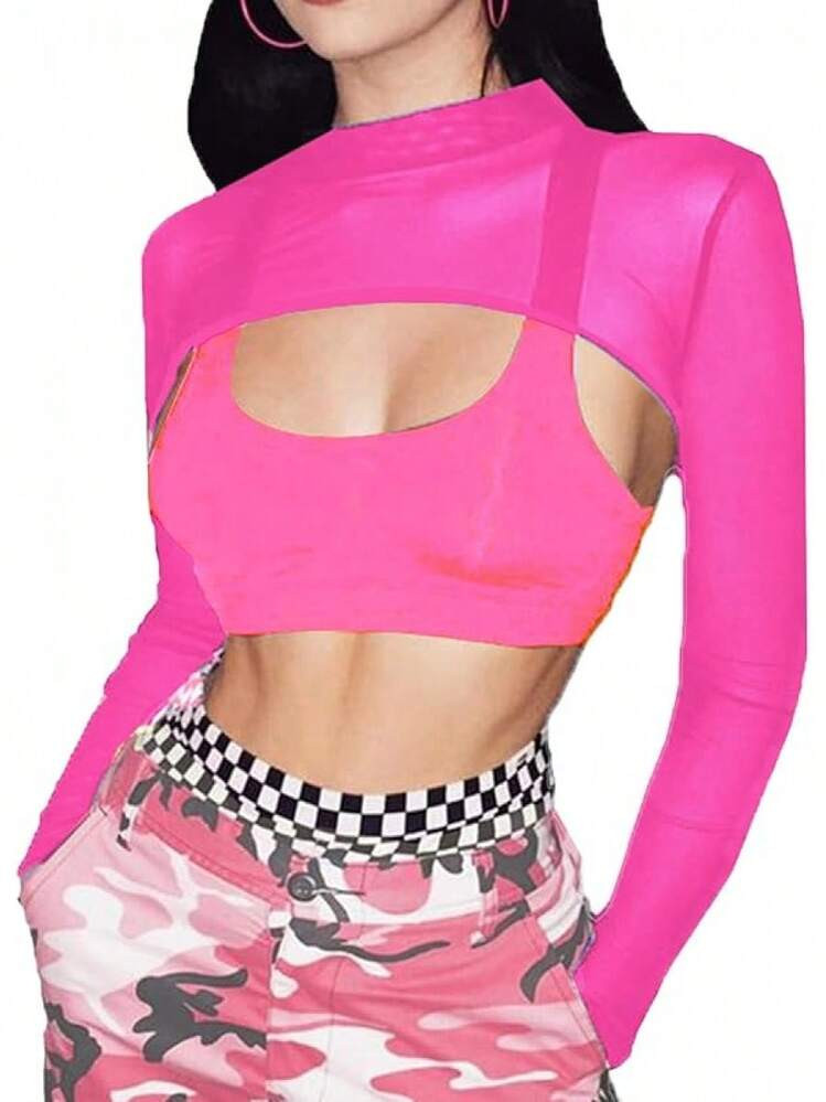 Mesh Crop Tops For Women Mock Neck Long Sleeve Crop Top See Through Shirt Top Sexy Clubwear | SHEIN