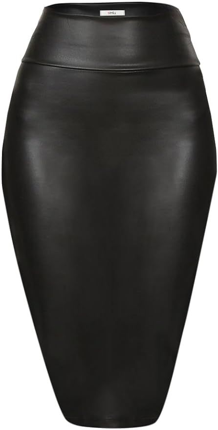 Faux Leather Pencil Skirt Below Knee Length Skirt Midi Bodycon Skirt Womens | Amazon (US)